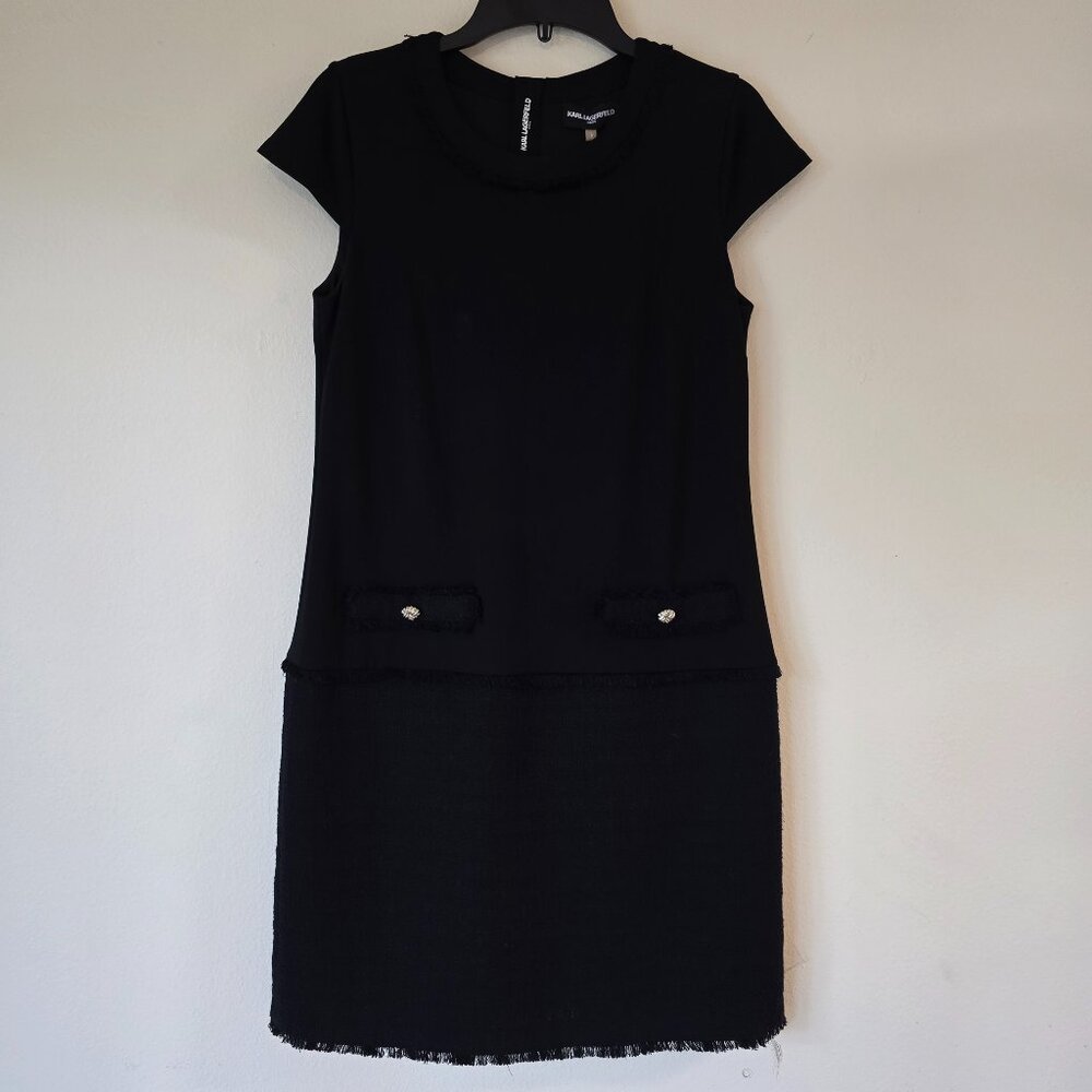 Carl Lagerfeld NWT Cap Slv Shift Black Dress, Frayed Hem, Gold Embellishments 8
